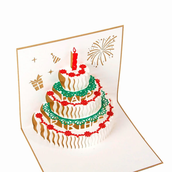 Födelsedag pop-up gratulationskort, 3D tredimensionell tårta vykort