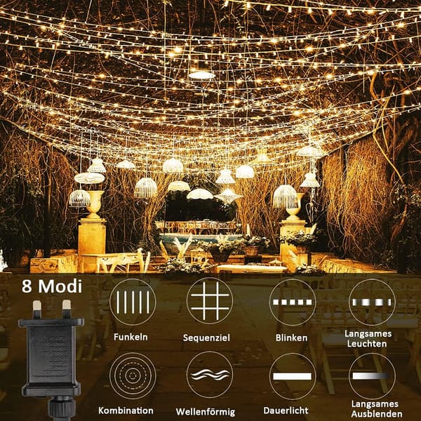 (varm hvit) Gardinlys 6m x 3m, 600 LED, 8 julelys