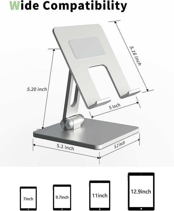 Tablet Computer Stand til Skrivebord, Egnet til 7-13,3 Tommer Tablet Computer Tyk Aluminium Base, Multi-vinkel Justerbar og Foldbar