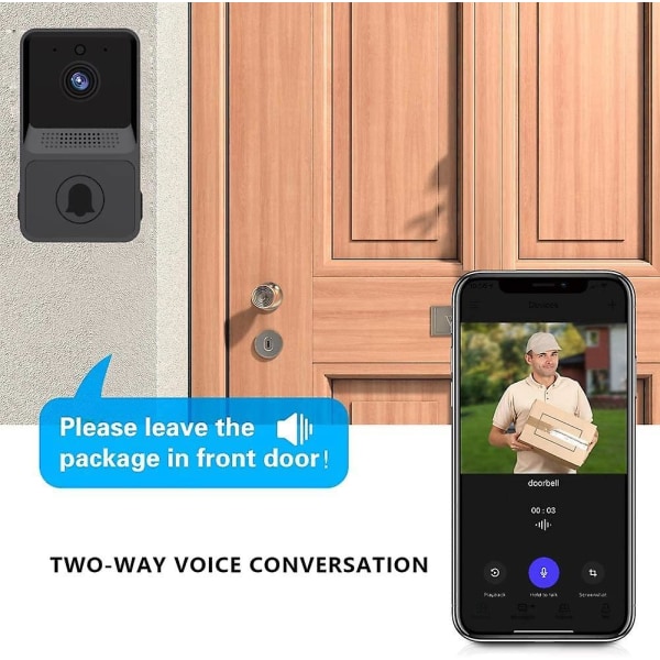Trådlös fjärrstyrd videodörrklocka, smart videodörrklocka hem intercom HD nattseende wifi laddning, smart dörrklocka, tvåvägskommunikation, appkontroll