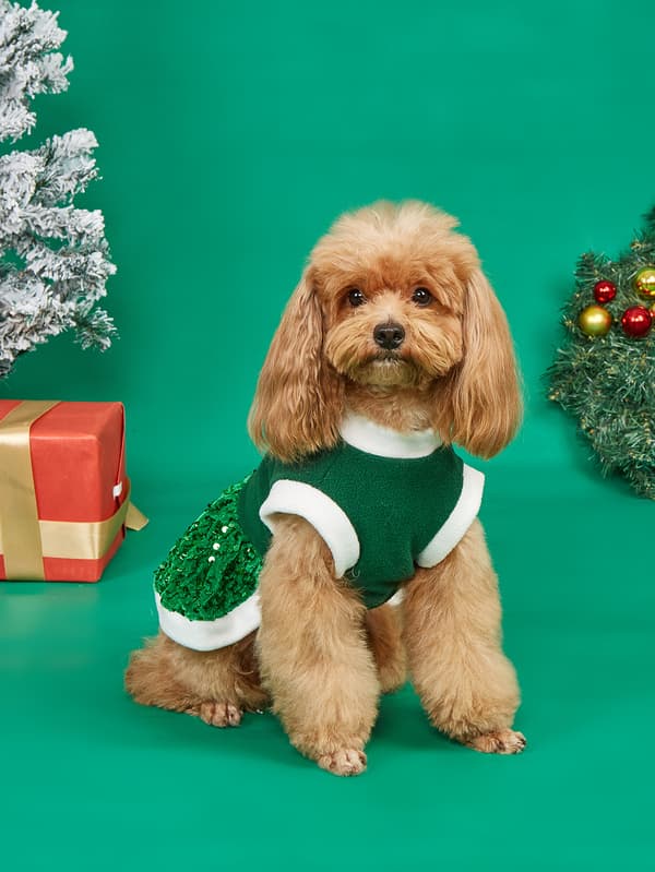 Kæledyrs julekjole – Fleece- og paillet-ferieoutfit til små hunde (efterår/vinter) M