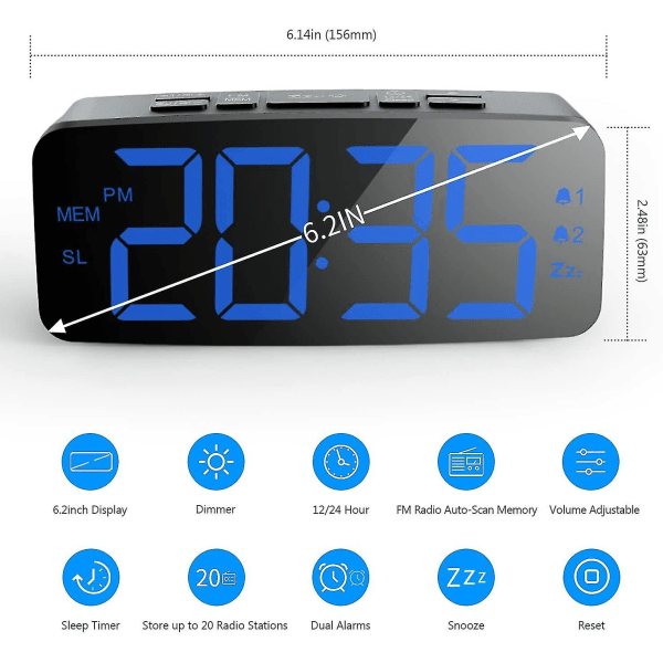 Digital väckarklockaradio: 6.2 stor LED-skärm med 4 ljusstyrkor, dubbla larm, snooze, 12/24h, FM-radio med insomningstimer, blå siffror klocka F