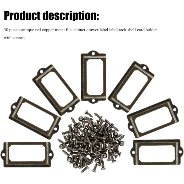 30 st metall etiketthållare för möbler låda skåp namnskylt ramar med skruvar för skrivbord bokhylla hylla, brons, M 70 x 33mm