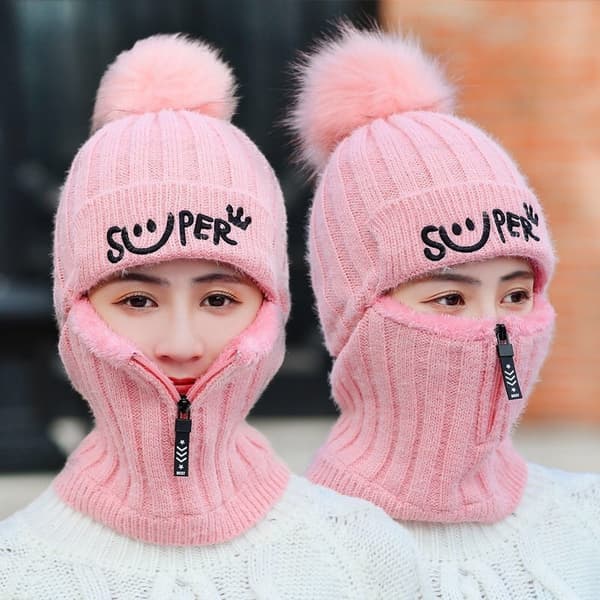 Lue Dame Vinter Strikket Ullue Varm Foret Lue - Rosa