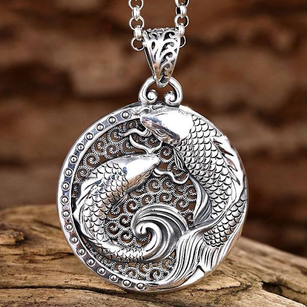 Sterling Silver Koi Halsband - Retro Stil Nationalt Modehalsband för Män, Kvinnor och Par