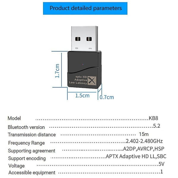 Bluetooth -adapter Drivrutinsfri USB Bluetooth 5.2-sändare