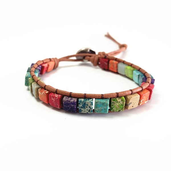 Chakra-armband med äkta ädelstenar, läder, boho, läkande yoga