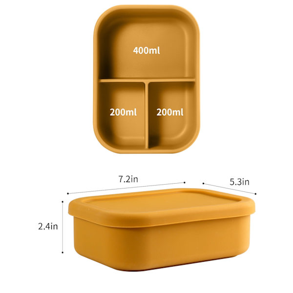Återanvändbar silikon Bento Lunch Box, 3 fack för vuxna och Bento Box för barn, Mikrovågsugnssäker (Gul)