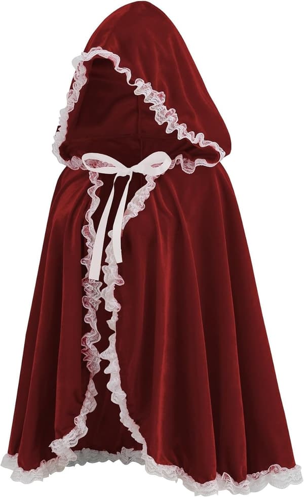 Vinröd spetsplisserad benvit kant Halloween-cape, kort stil, 60 cm