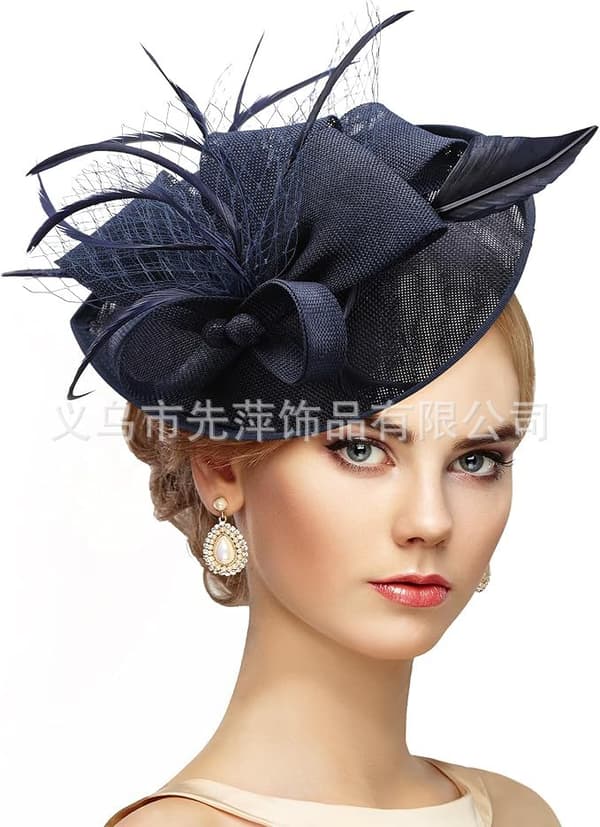 Beanielue Vintage Elegant Fjærhodeplagg Hatt - Marineblå