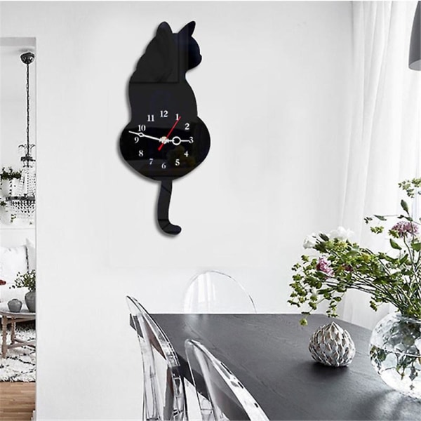 Kreativt mode Nytt Tyst vit/svart viftande svans Kattväggklocka Hushållsdekorativ klocka