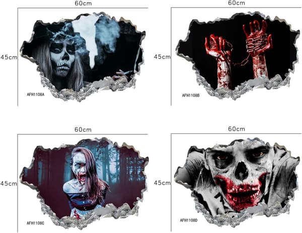 4 Pack Halloween Väggdekaler 3D Halloween Väggdekaler Skräck
