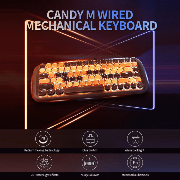 M Trådbundet mekaniskt tangentbord 84 tangenter speltangentbord med blå switch Vit bakgrundsbelysning Multimedia genvägar Brun