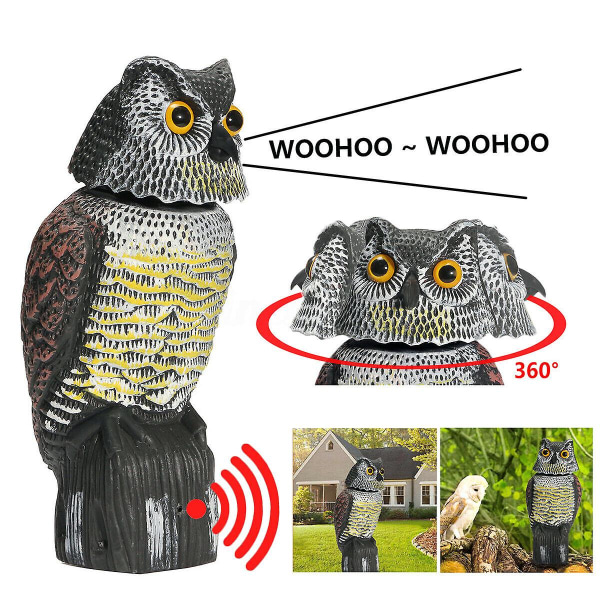 Realistisk fågelbur Plast Owl Fågelskrämma Spinnhuvud och ljud