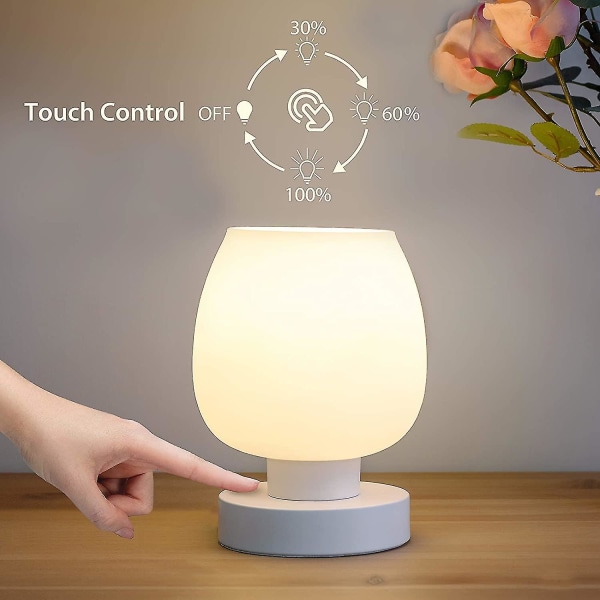 Touch Control Sängbordslampa - Modern Bordslampa För Sovrum Vardagsrum Läsning, Vit Opalglas, Led-lampa, 3-vägs Dimbar skrivbordslampa