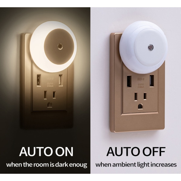 LED-nattlampa, Varmvit Nattlampa med Stickkontakt, Rund, Ljuskänslig, Energieffektiv, 2-pack