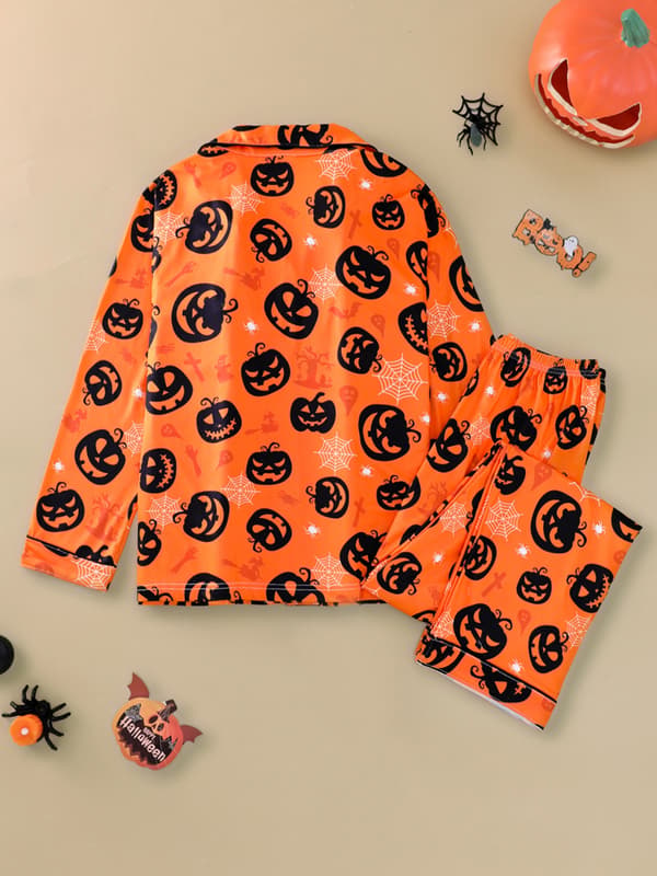 Halloween Pumpatryck Dam Pyjamas Set med Lång Ärm, Kragad Kofta med Långa Byxor, Hemmakläder för Högtidsfester M