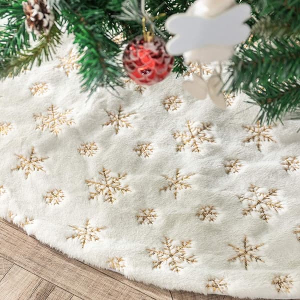 Juletrefot Kunstig Pelspledd med Gull Snøfnuggbroderi