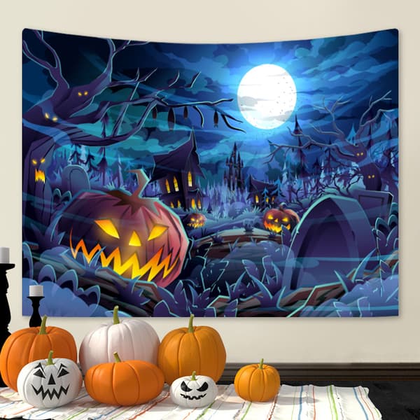 Vægtæpper Halloween Orange Græskar Fuldmåne Spøgelsesborg Skitse
