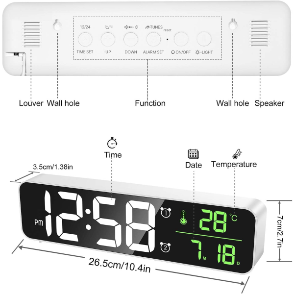 Digital väckarklocka, väggklocka Morgonväckarklocka LED Digital spegel Stor skärm med datumtemperatur, vit