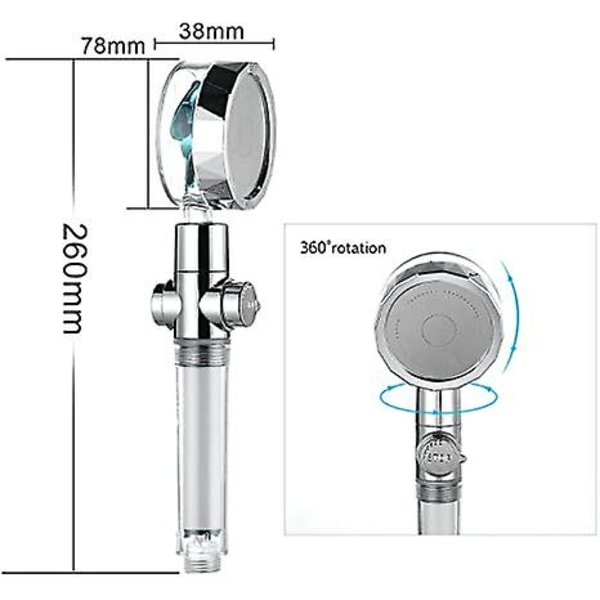 Turboladdat handhållet duschhuvud, propellerdrivna duschmunstycken, högtrycksvattenbesparing, med pausknapp, 360 grader roterande