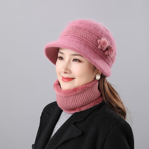 Hatt- og skjerfsett for kvinner - høst og vinter - Rosa Pink