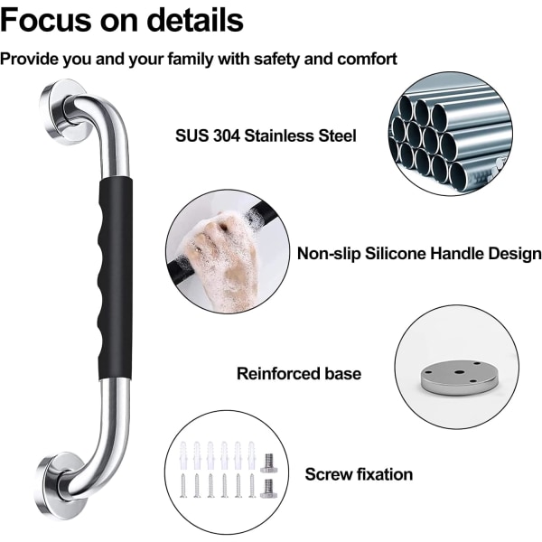 Badrumsgrepp i rostfritt stål, 33,5 cm halkfria duschgrepp, säkerhetsgrepp med sugkoppar