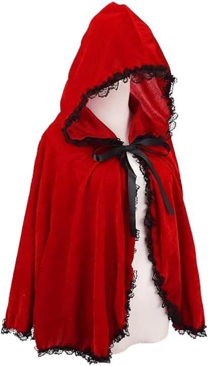 Rød blondekappe med sorte flæser til Halloween, kort model, 80 cm