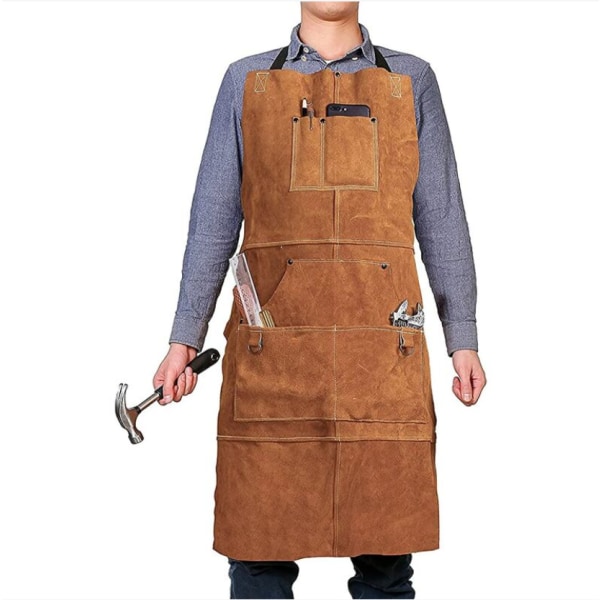 Träbearbetningsförkläde i läder, arbetsförkläde med 6 verktygsfickor, värmebeständigt flamskyddande verkstadsförkläde