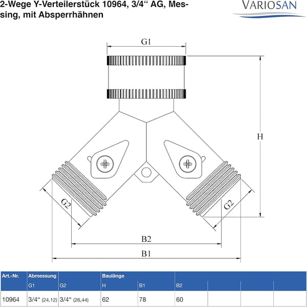 2-vejs Y-fordeler, 3/4\" han, messing, med aflukningsventiler