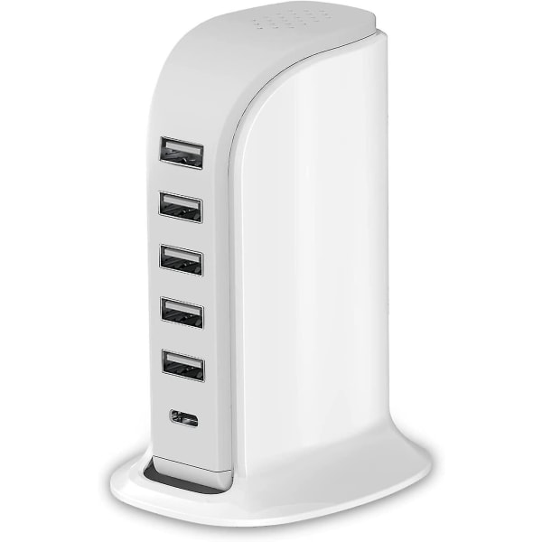 Laddstation för flera enheter 40w, väggladdarblock 5 USB portar (delade 6a), USB laddningshubb Smart Ic, laddartorn med typ-c 3a