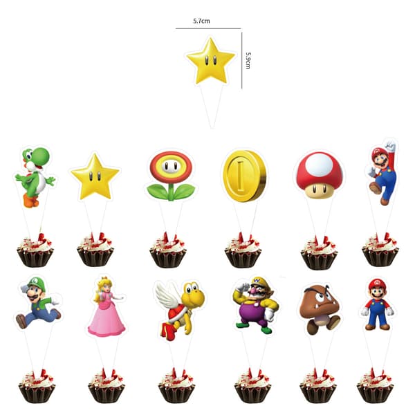 26 Stykker Mario Kagepynt, Fødselsdagskagepynt, Cupcakeindsatser