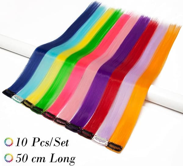 Et sæt med 10 farvede pigers hår extensions 55 cm syntetisk glat