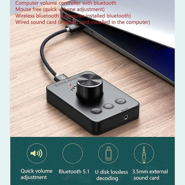 USB volymkontroll, externt USB ljudkort, Bluetooth 5.1-sändare, drivrutinsfri (för Windows