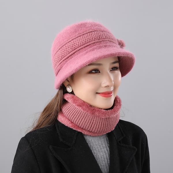 Hatt- og skjerfsett for kvinner - høst og vinter - Rosa Pink