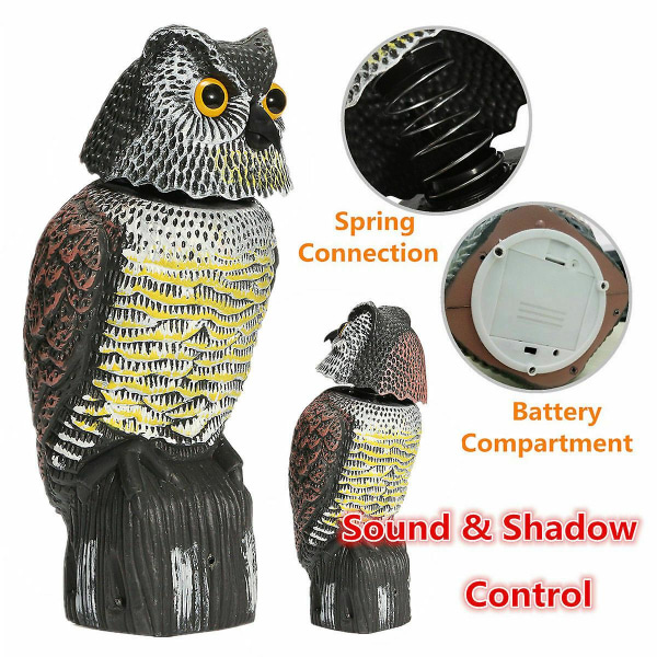Realistisk fågelbur Plast Owl Fågelskrämma Spinnhuvud och ljud