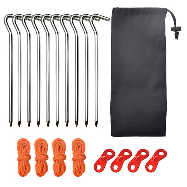 Campingtält Baldakin Tillbehörsset - 10 Pinnar, 4 Rep, 4 Dubbelöglor, 1 Väska