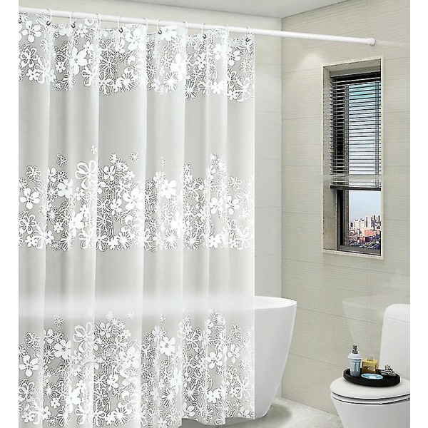 Ghyt duschdraperi med fäste för badrum, vit viktoriansk vintage skira blommor stickning, tyg Shabby Chic Dekor Set, B 72" XL