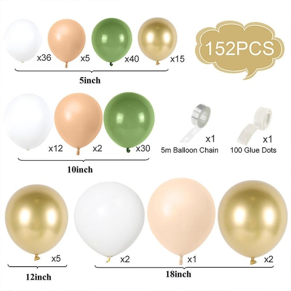 152 st Olivgrön ballong girland bågsats vitguld konfettiballonger retro grön ballong och guld metallisk krom latex ballonger set för bröllop