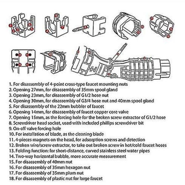 18 i 1 kran och handfat Installationsverktyg Krannyckel