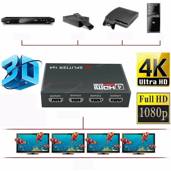 1080p Full Hd Hdmi Splitter 1 In 4 Out Hub Amplifier Repeater 3d Switch Box