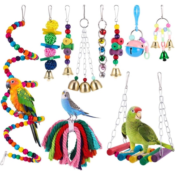 10 stycken fågelleksaker - färgklätterleksaker, gungor, stegar, sittpinnar, klockor - för fågel, papegoja, finkar, parakiter
