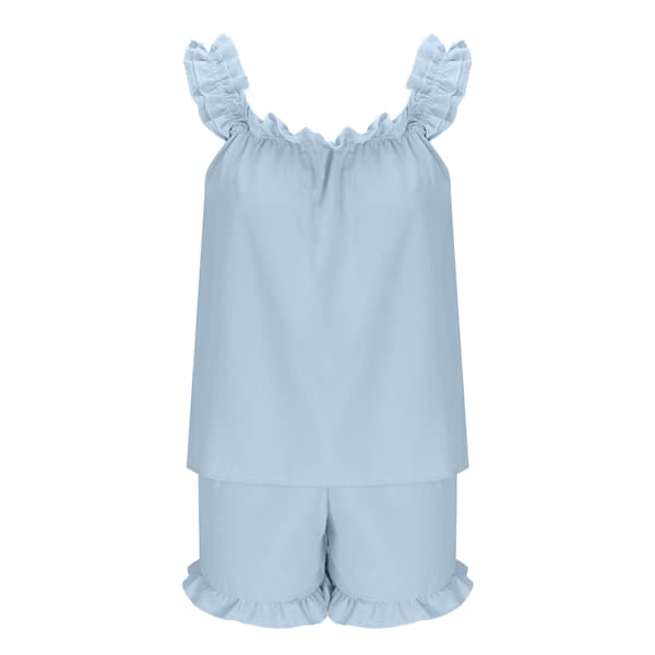 Kvinders blondebesatte stropløse shorts pyjamas sæt: Løstsiddende, åndbart blåt ærmeløst sommer loungewear todelt sæt S