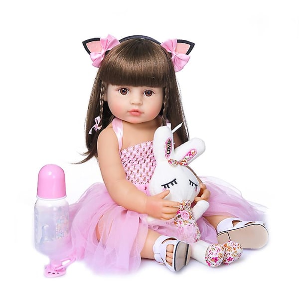 Decdeal 22 tums Reborn Baby Doll Silikon Helkroppsliknande Söta baddockor Baby presentdocka med kattöra hårband & rosa klänning