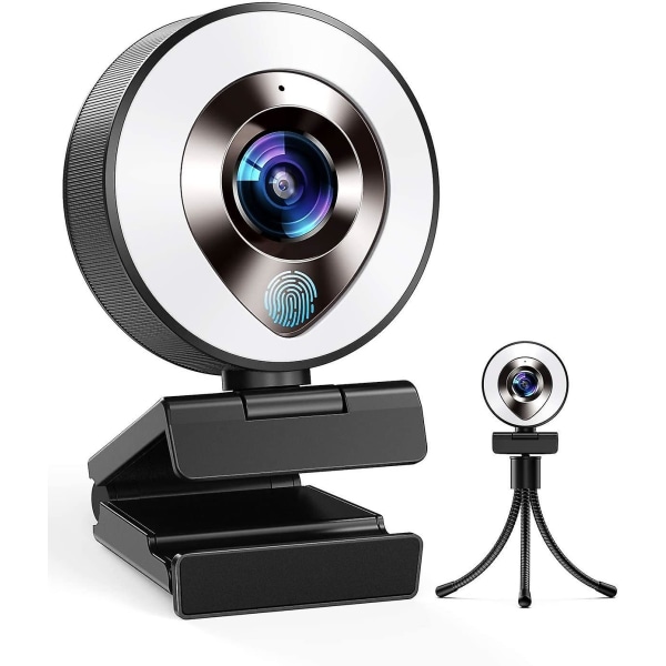 1080p webbkamera med mikrofon och ringljus, 3-stegs justerbar ljusstyrka, plug and play-dator, bärbar webbkamera