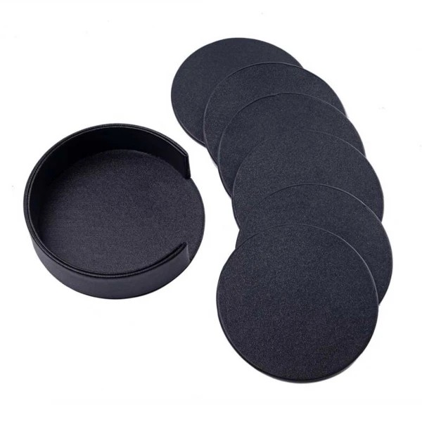 6-pack vändbara glasunderlägg Svart PU-läder med svart hållare