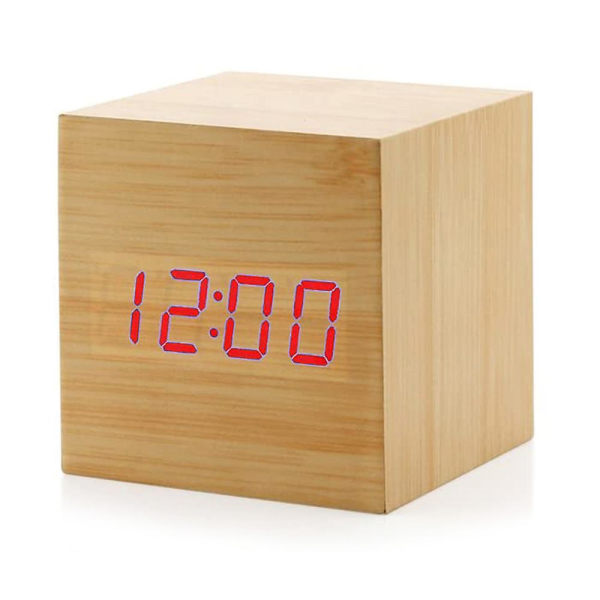 Digital väckarklocka, trä LED-ljus Mini Modern Cube Skrivbord