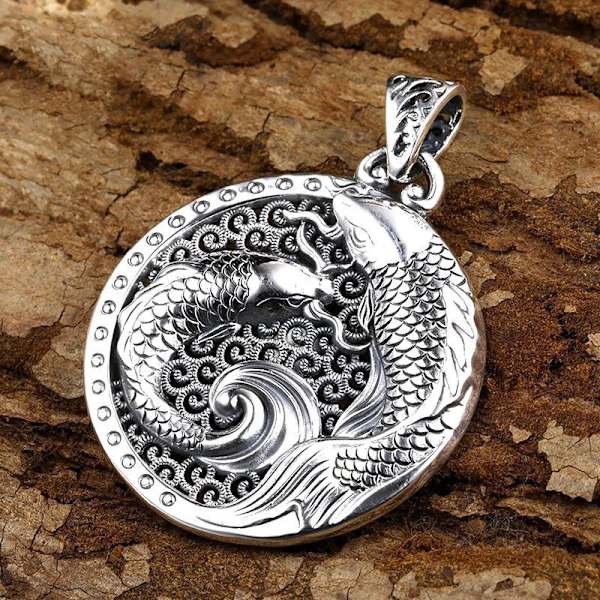 Sterling Silver Koi Halsband - Retro Stil Nationalt Modehalsband för Män, Kvinnor och Par