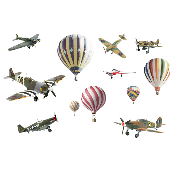 Väggdekor för varmluftsballong och flygplan Tecknad flygplan färg Retro flygplan väggmålning (35 "x 12" X 2 st)