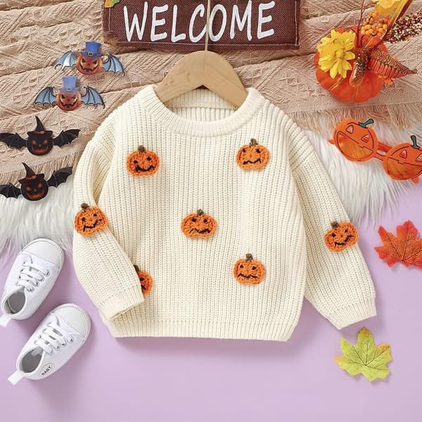Spädbarn/Småbarn Halloween 3D Virkad Pumpatröja – Benvit Rundhalsad Långärmad Stickad Tröja 6–9 months